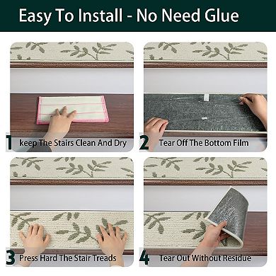 Carpet Stair Treads Non-slip Indoor 30"x8" Set of 15 Leaf Pattern Reusable Machine Washable