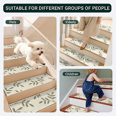 Carpet Stair Treads Non-slip Indoor 30"x8" Set of 15 Leaf Pattern Reusable Machine Washable