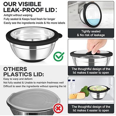 6 Piece Stainless Steel Mixing Bowls with Lids Non-Slip & Dishwasher Safe