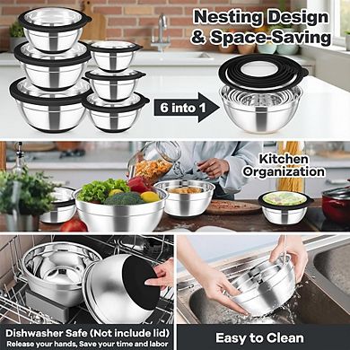 6 Piece Stainless Steel Mixing Bowls with Lids Non-Slip & Dishwasher Safe