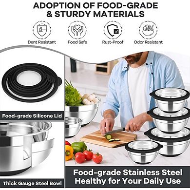 6 Piece Stainless Steel Mixing Bowls with Lids Non-Slip & Dishwasher Safe