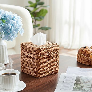 Rattan Square Tissue Box Cover with Hinged Top Lid
