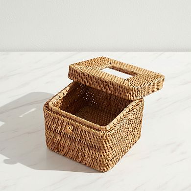 Rattan Square Tissue Box Cover with Hinged Top Lid