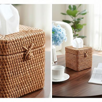 Rattan Square Tissue Box Cover with Hinged Top Lid