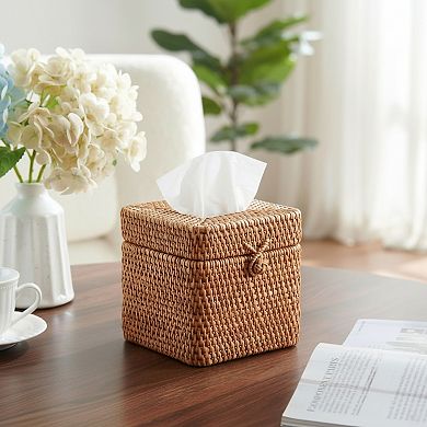 Rattan Square Tissue Box Cover with Hinged Top Lid