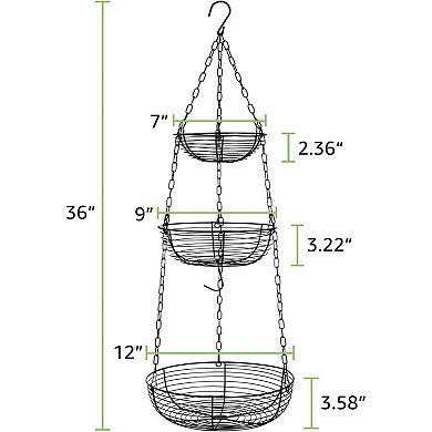 3 Tier Hanging Fruit Basket with Banana Hook 36 Inch