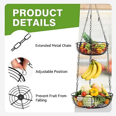 3 Tier Hanging Fruit Basket with Banana Hook 36 Inch