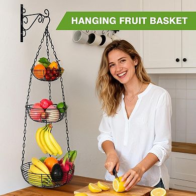 3 Tier Hanging Fruit Basket with Banana Hook 36 Inch