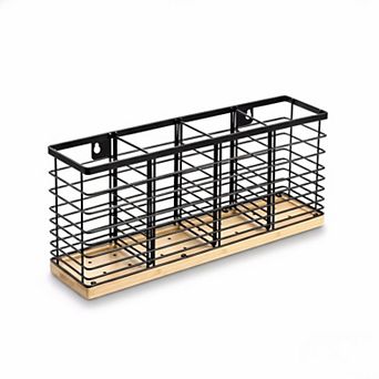 Extra Large Metal Utensil Holder with 4 Compartments Wooden Base