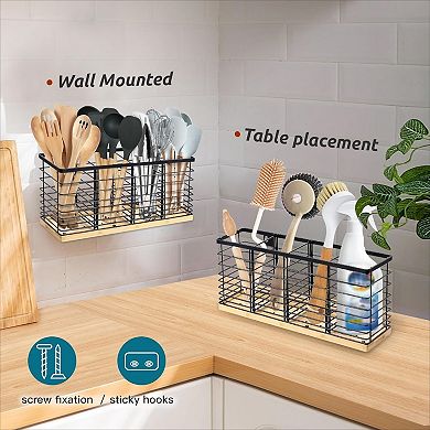 Extra Large Metal Utensil Holder with 4 Compartments Wooden Base