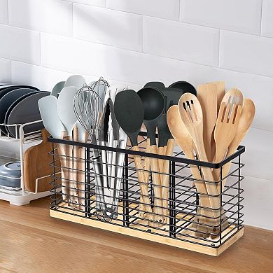 Extra Large Metal Utensil Holder with 4 Compartments Wooden Base