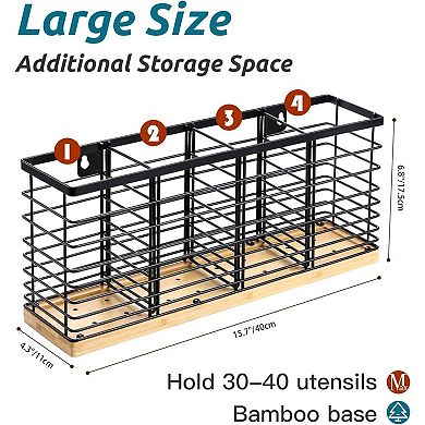Extra Large Metal Utensil Holder with 4 Compartments Wooden Base