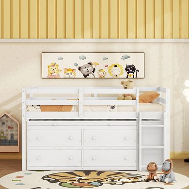 Merax Loft Bed with Retractable Writing Desk and 4 Drawers
