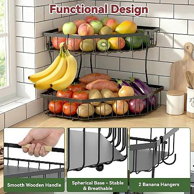 2 Tier Fruit Basket for Kitchen Counter with Banana Hangers