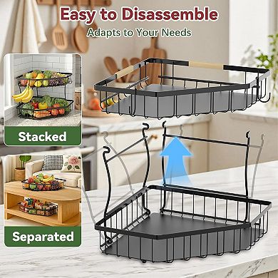 2 Tier Fruit Basket for Kitchen Counter with Banana Hangers