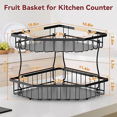 2 Tier Fruit Basket for Kitchen Counter with Banana Hangers