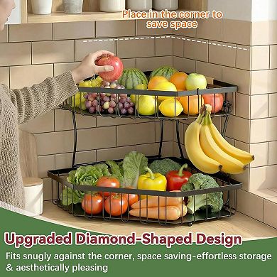 2 Tier Fruit Basket for Kitchen Counter with Banana Hangers