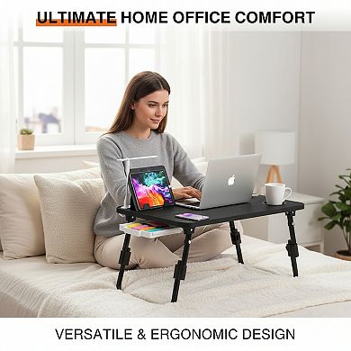 Height Adjustable Laptop Desk with USB Storage Drawer Cup Holder