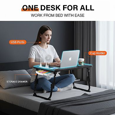 Height Adjustable Laptop Desk with USB Storage Drawer Cup Holder