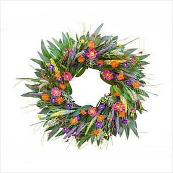 Spring Wreath with Wildflower and Green Leaves for Front Door
