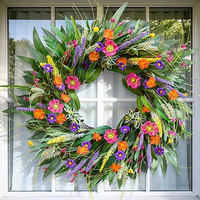 Spring Wreath with Wildflower and Green Leaves for Front Door