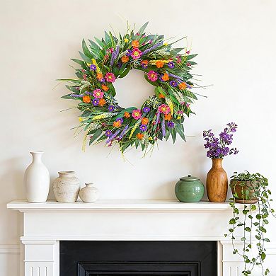 Spring Wreath with Wildflower and Green Leaves for Front Door