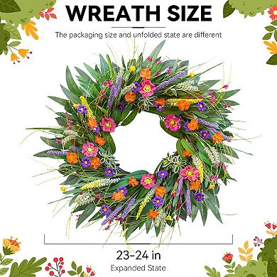Spring Wreath with Wildflower and Green Leaves for Front Door