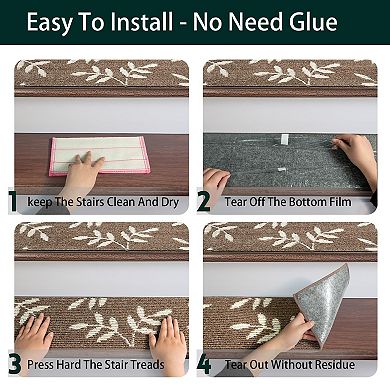 Non-Slip Stair Treads Carpet 4 Pack 30x8 Inch Leaf Pattern Indoor Reusable Machine Washable