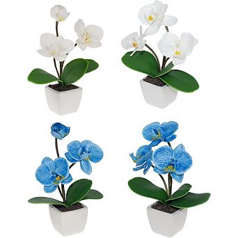 Set of 4 Mini Artificial Orchid Plants in Ceramic Pots, Home & Office Decor
