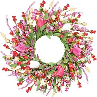 Spring Summer Wreath Colorful Tulips Lavender for Front Door