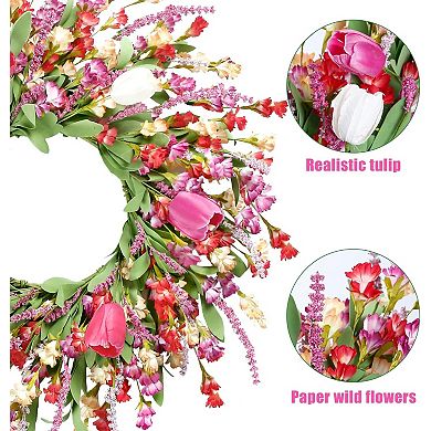 Spring Summer Wreath Colorful Tulips Lavender for Front Door