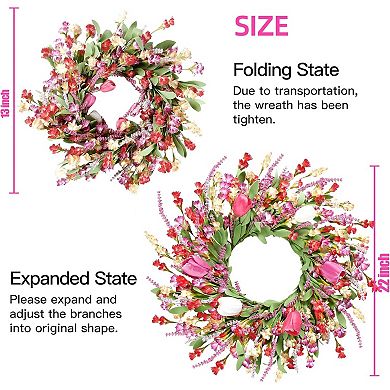 Spring Summer Wreath Colorful Tulips Lavender for Front Door