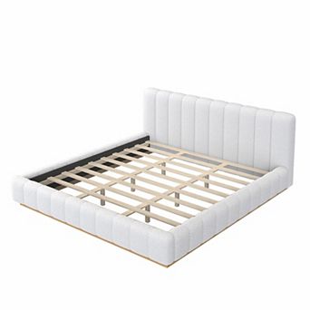 Merax Modern Bouclé Upholstered Platform Bed Frame, Low Profile Design with Wood Base