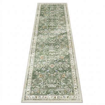 Washable Boho Runner Rug Non Slip Low Pile Hallway Floor Carpet Green