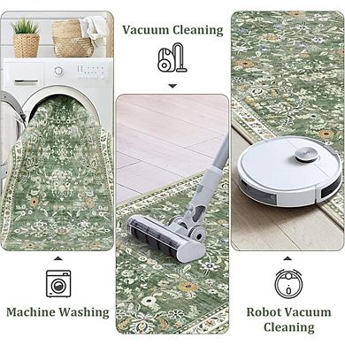 Washable Boho Runner Rug Non Slip Low Pile Hallway Floor Carpet Green