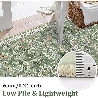 Washable Boho Runner Rug Non Slip Low Pile Hallway Floor Carpet Green