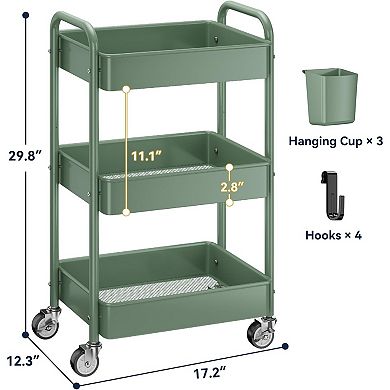 3 Tier Rolling Cart with Lockable Wheels Mesh Storage