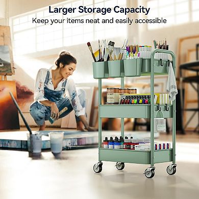 3 Tier Rolling Cart with Lockable Wheels Mesh Storage