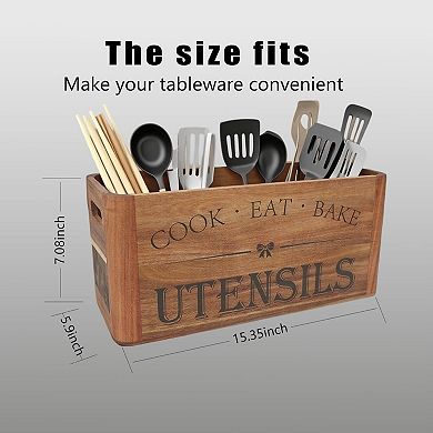 Extra Large Utensil Holder with 4 Compartments Wooden Design