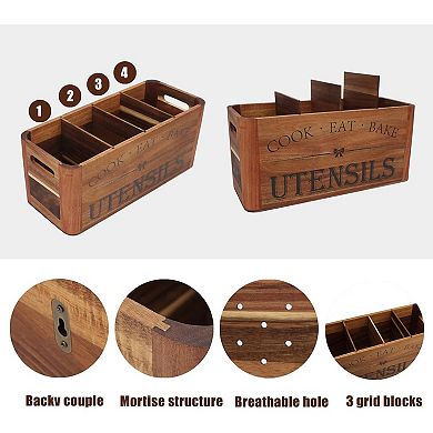 Extra Large Utensil Holder with 4 Compartments Wooden Design