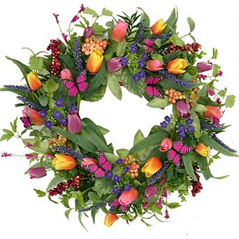 Spring Summer Tulip Wreath 22 Inch with Purple Tassels