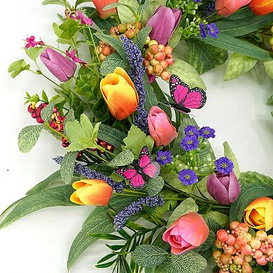 Spring Summer Tulip Wreath 22 Inch with Purple Tassels
