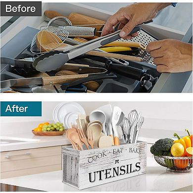 Extra Large Wooden Utensil Holder with 4 Compartments