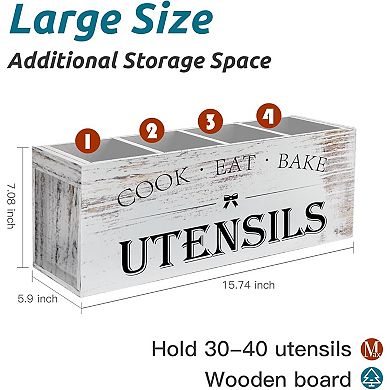 Extra Large Wooden Utensil Holder with 4 Compartments