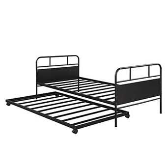 Merax Metal Daybed Platform Bed Frame with Trundle Built in Casters