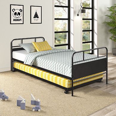 Merax Metal Daybed Platform Bed Frame with Trundle Built in Casters