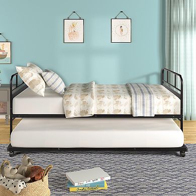 Merax Metal Daybed Platform Bed Frame with Trundle Built in Casters