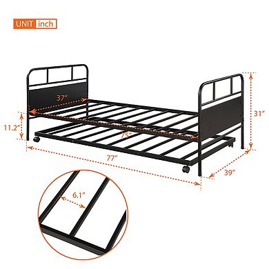 Merax Metal Daybed Platform Bed Frame with Trundle Built in Casters
