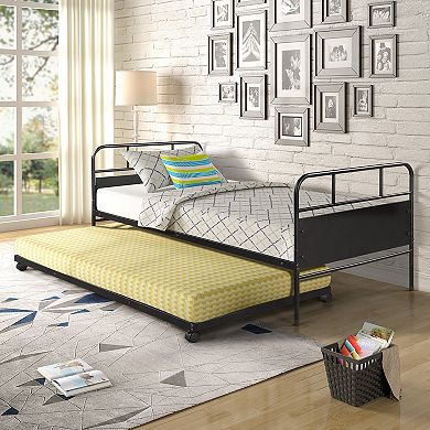 Merax Metal Daybed Platform Bed Frame with Trundle Built in Casters