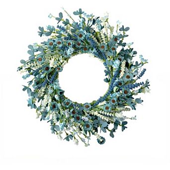 Spring Blue Daisy Wreath 22 Inch with Green Leaves